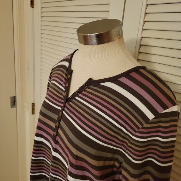 90s Croft & Barrow Striped Tweed Cotton Blend Snap Button Henley Top XL 3/4 Slee - Picture 2 of 8